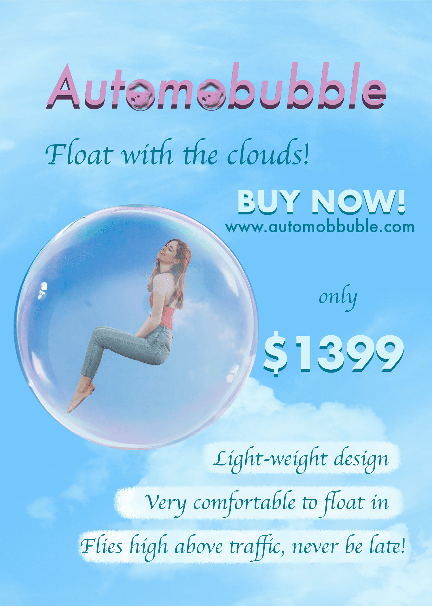 Woman floating in bubble ad poster.